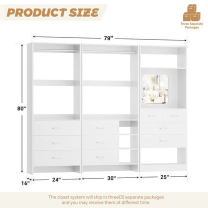 79'' Wide Closet System Set of 3, with 10 Drawrs & 2 Hanging Rods