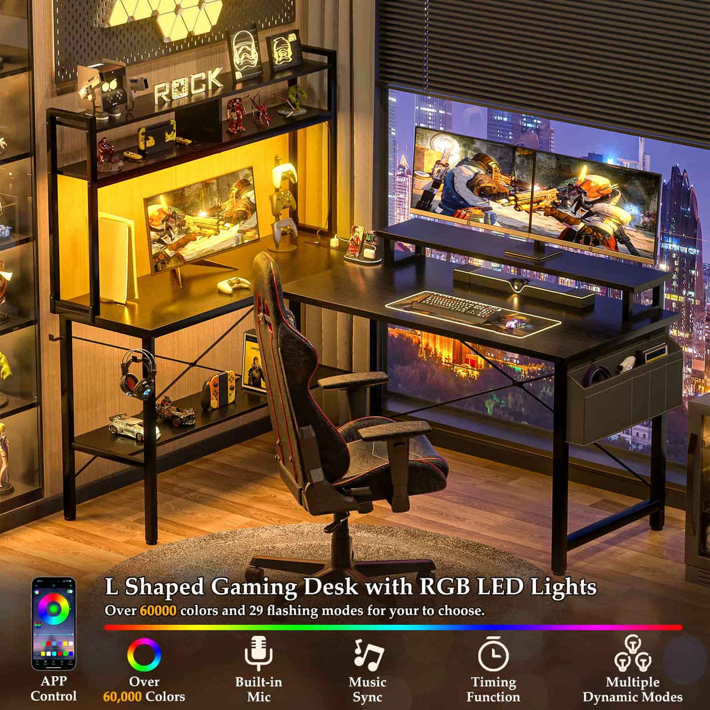 49'' L Shaped Gaming Desk with Power Outlets & LED Lights