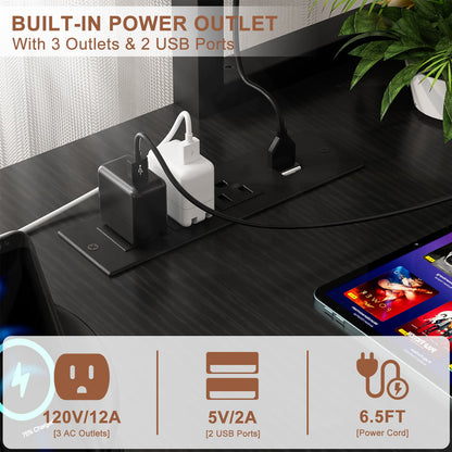 49'' L Shaped Gaming Desk with Power Outlets & LED Lights
