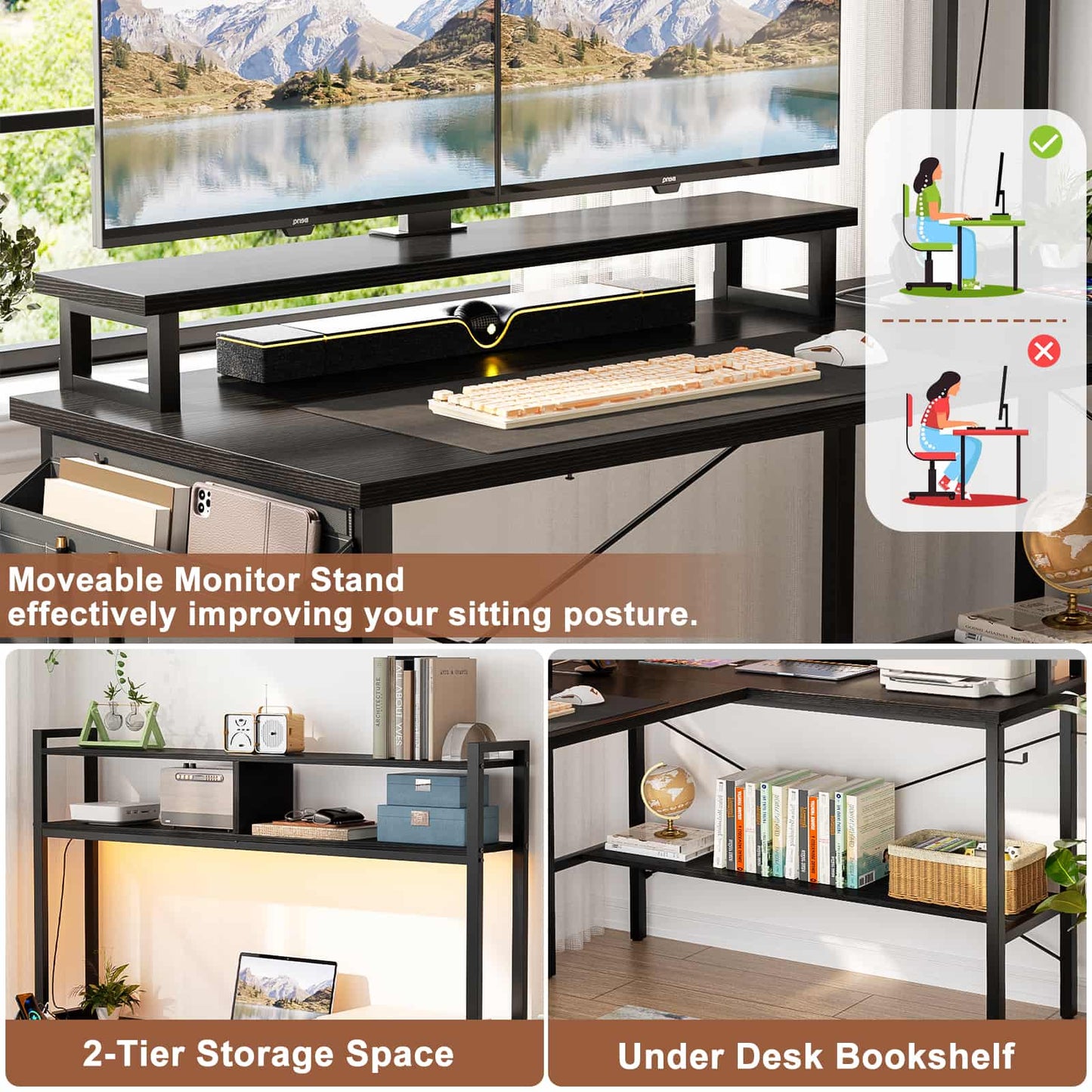 49'' L Shaped Gaming Desk with Power Outlets & LED Lights