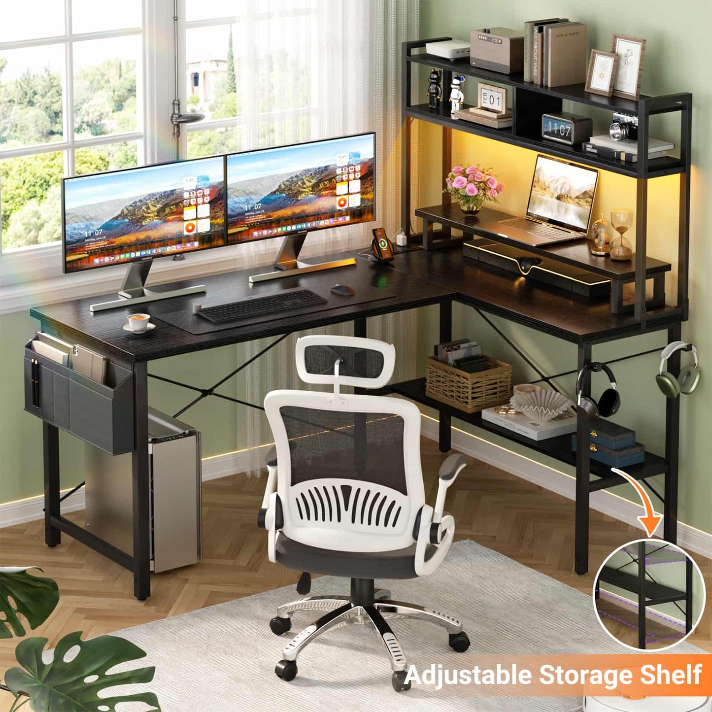 49'' L Shaped Gaming Desk with Power Outlets & LED Lights