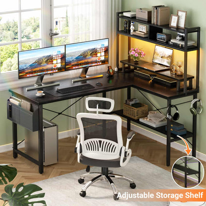 49'' L Shaped Gaming Desk with Power Outlets & LED Lights