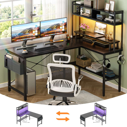 49'' L Shaped Gaming Desk with Power Outlets & LED Lights