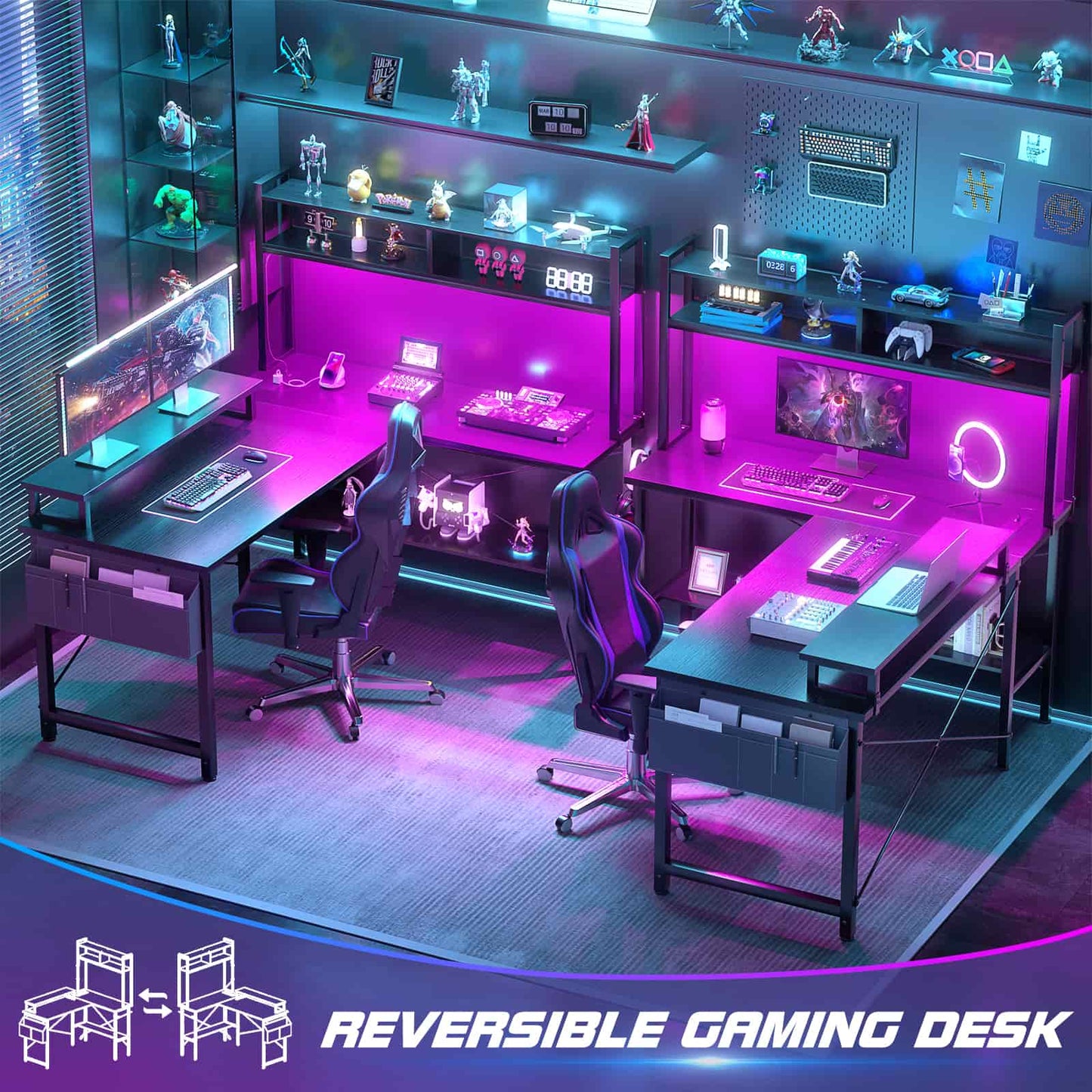 49'' L Shaped Gaming Desk with Power Outlets & LED Lights