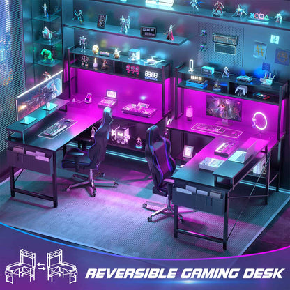 49'' L Shaped Gaming Desk with Power Outlets & LED Lights
