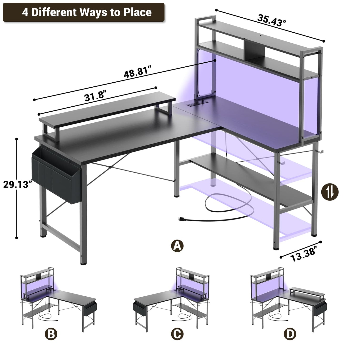 49'' L Shaped Gaming Desk with Power Outlets & LED Lights