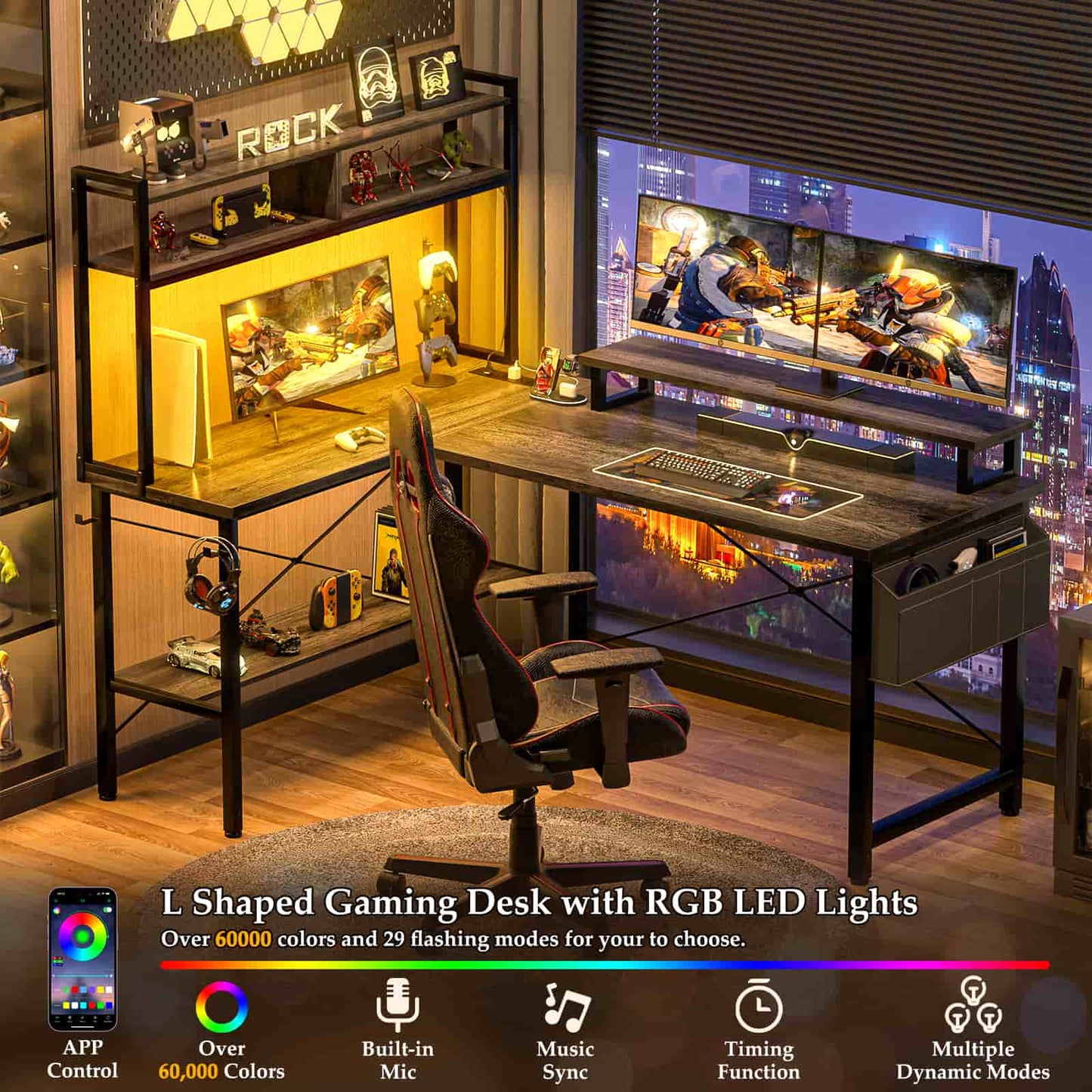 49'' L Shaped Gaming Desk with Power Outlets & LED Lights