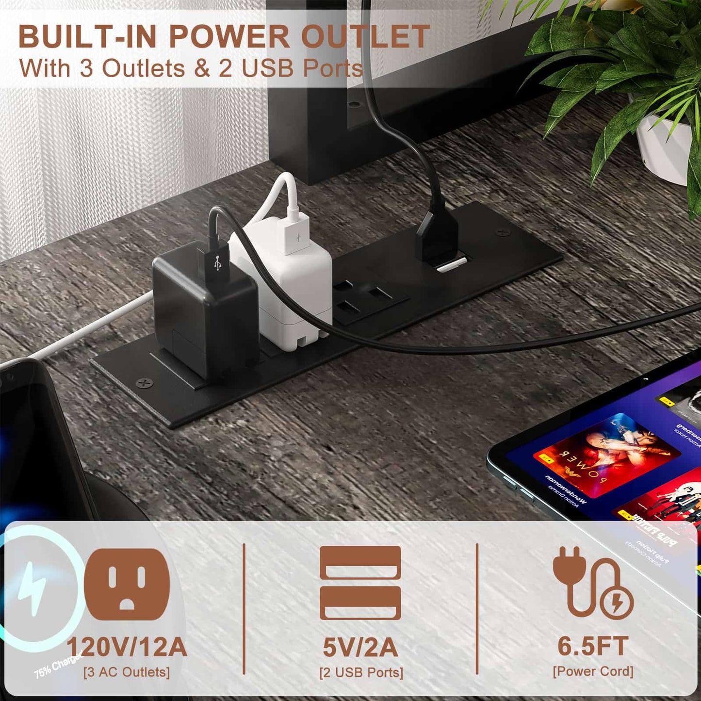 49'' L Shaped Gaming Desk with Power Outlets & LED Lights