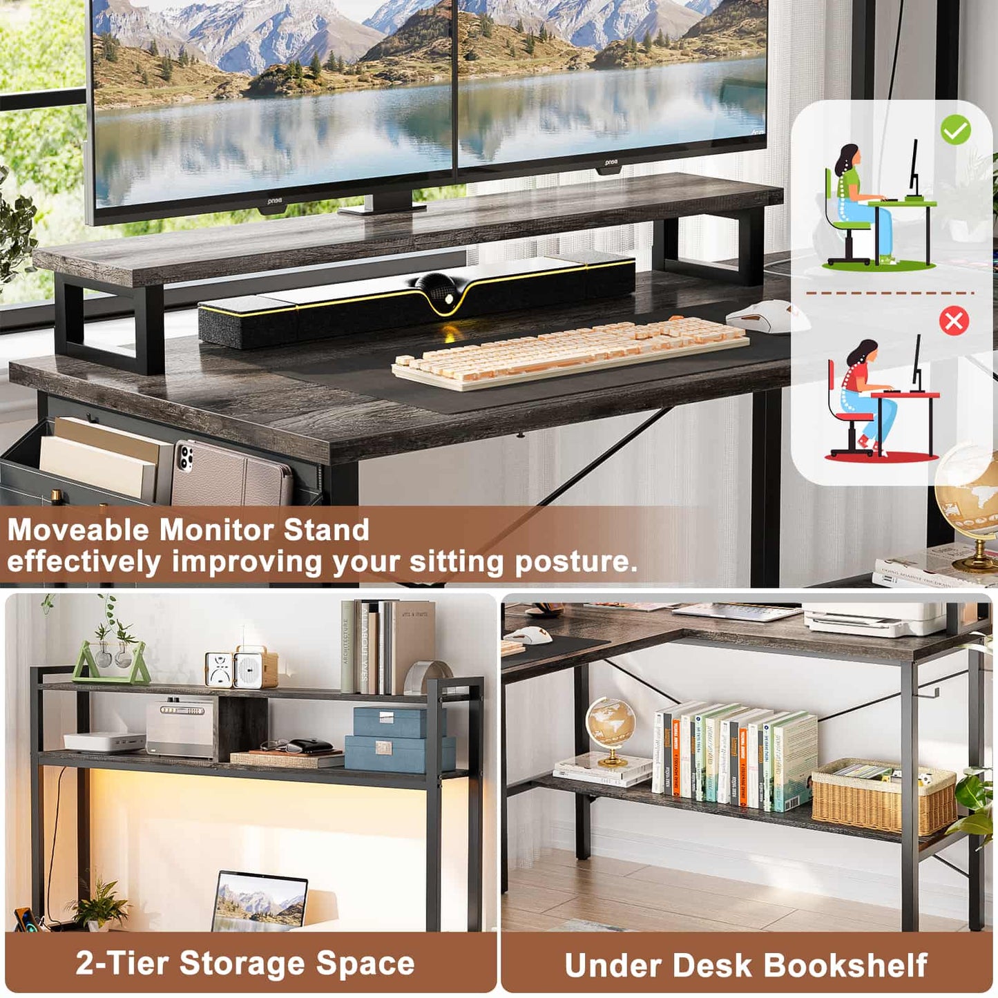 49'' L Shaped Gaming Desk with Power Outlets & LED Lights