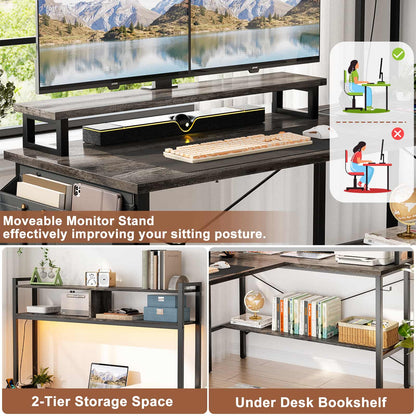 49'' L Shaped Gaming Desk with Power Outlets & LED Lights