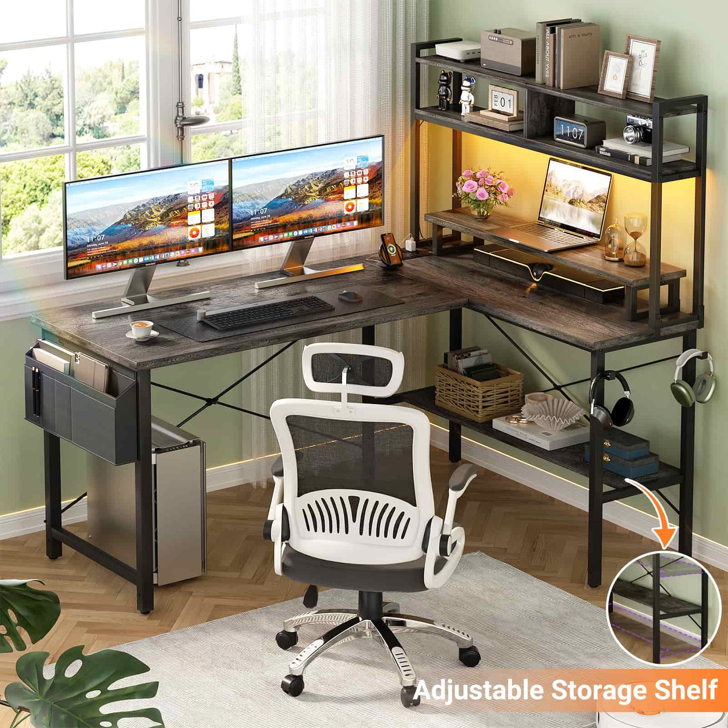 49'' L Shaped Gaming Desk with Power Outlets & LED Lights