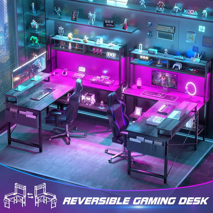 49'' L Shaped Gaming Desk with Power Outlets & LED Lights