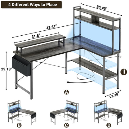 49'' L Shaped Gaming Desk with Power Outlets & LED Lights