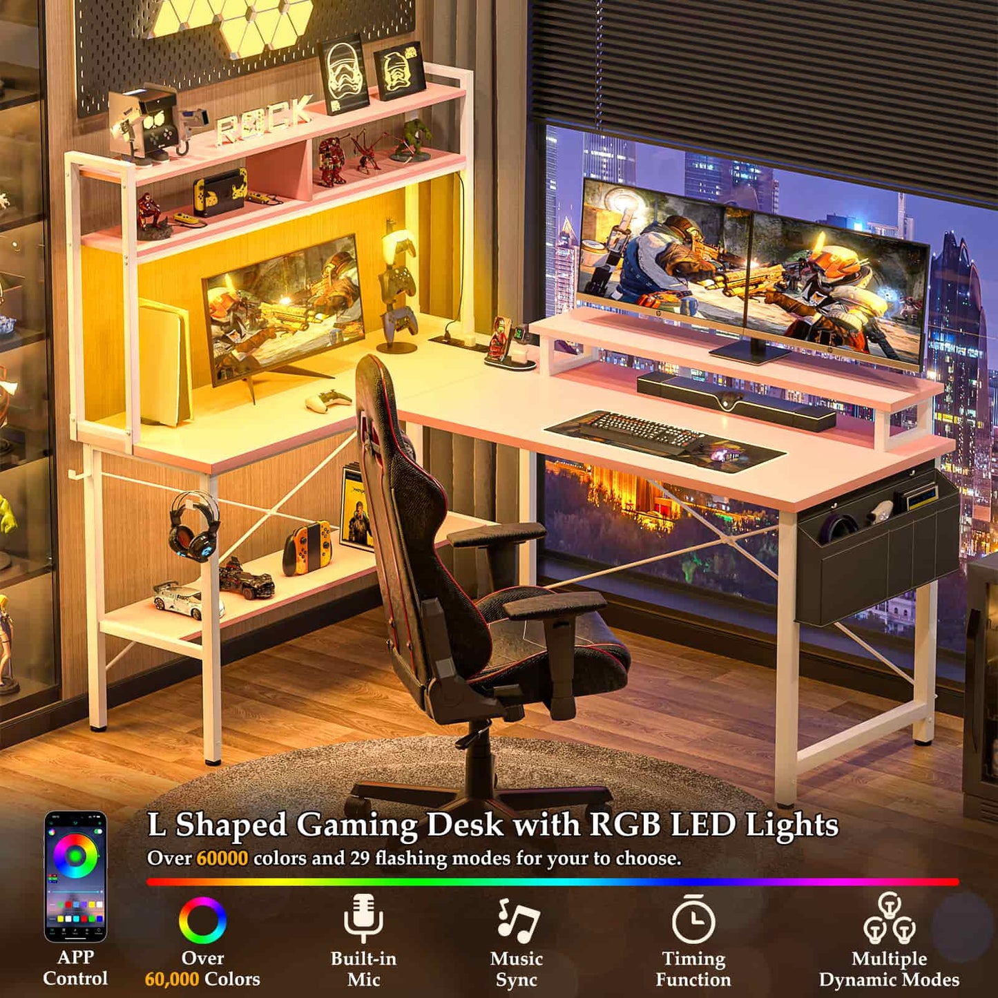 49'' L Shaped Gaming Desk with Power Outlets & LED Lights