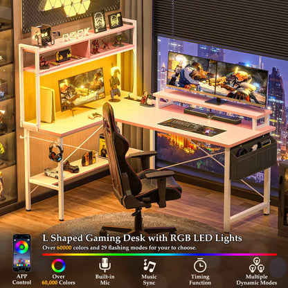 49'' L Shaped Gaming Desk with Power Outlets & LED Lights