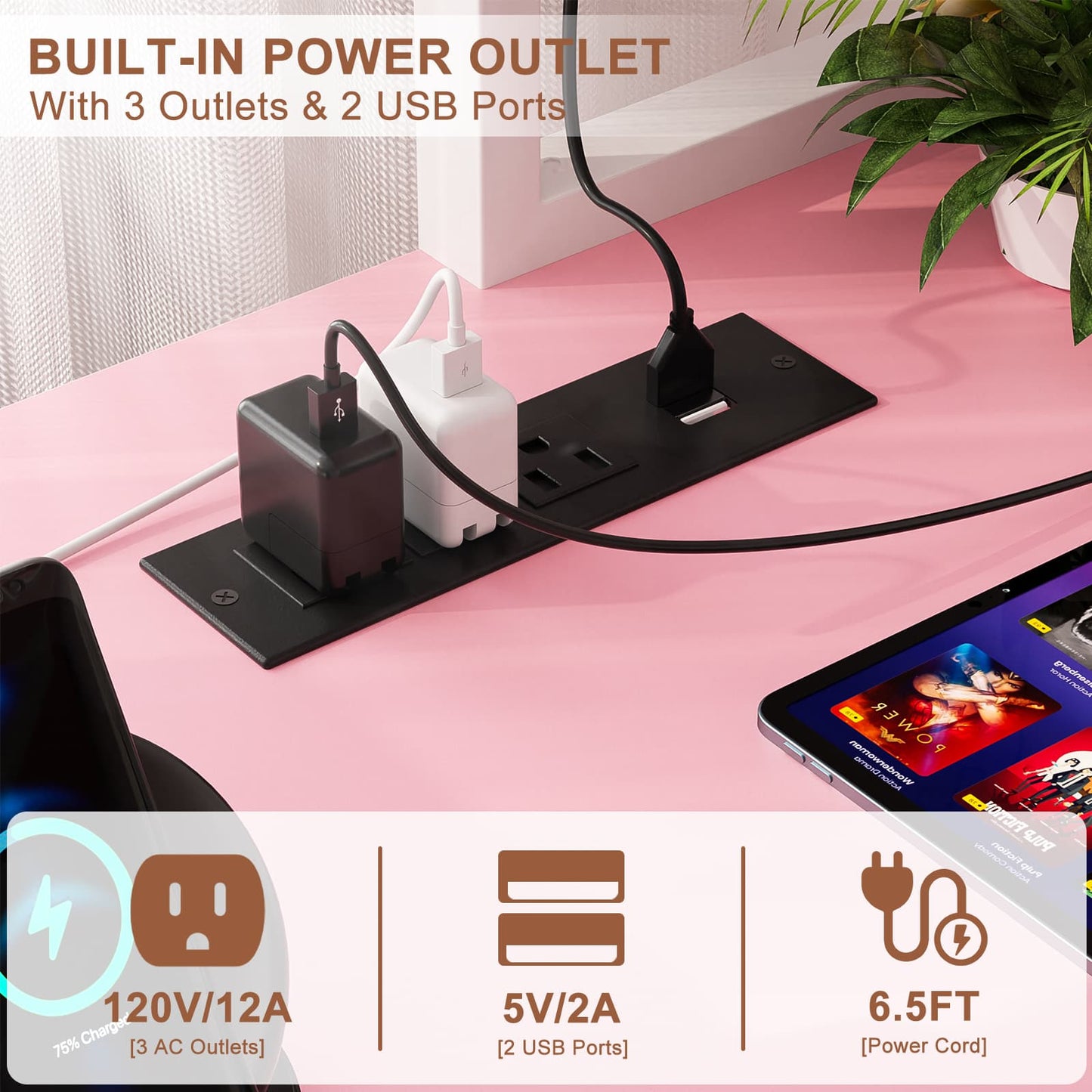 49'' L Shaped Gaming Desk with Power Outlets & LED Lights