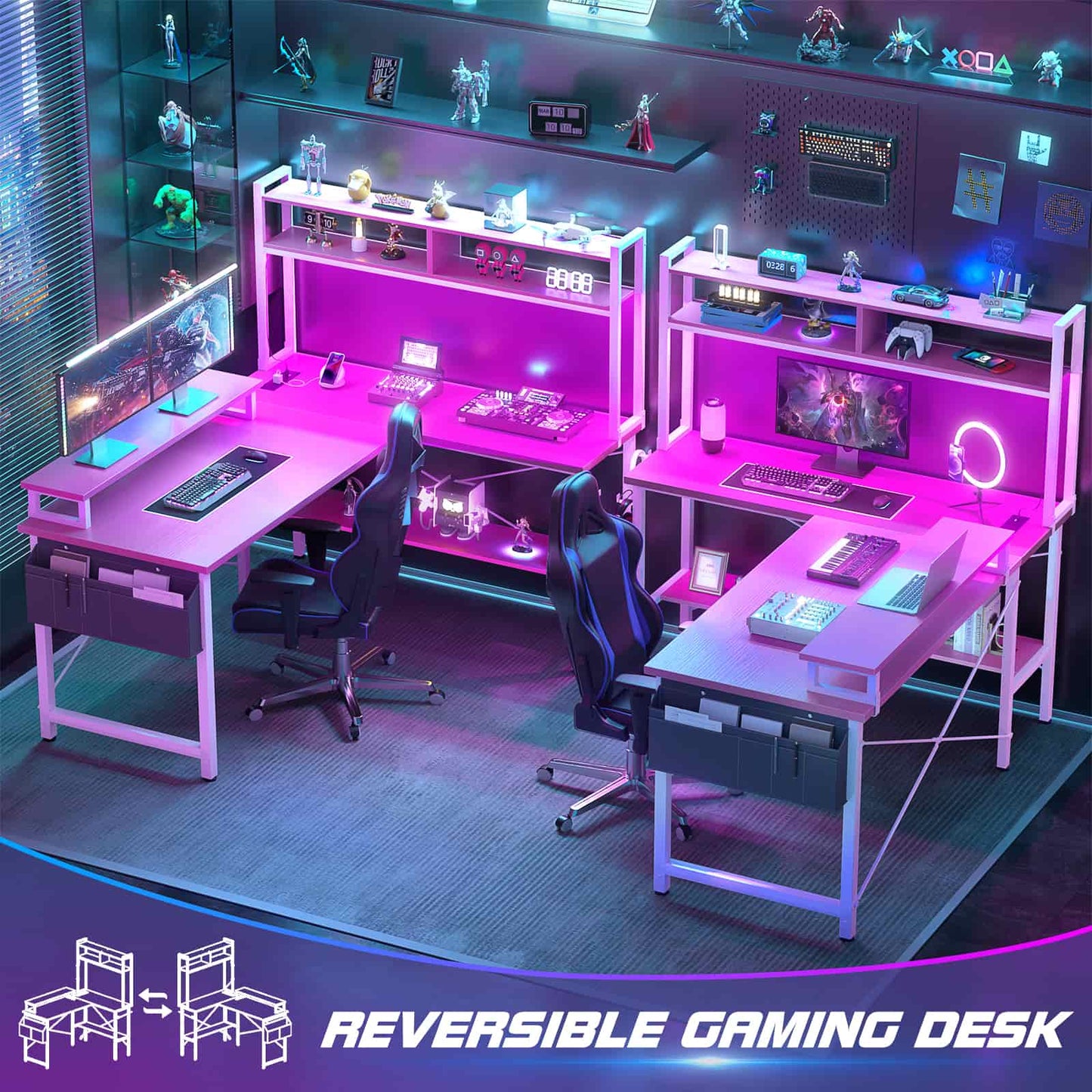 49'' L Shaped Gaming Desk with Power Outlets & LED Lights