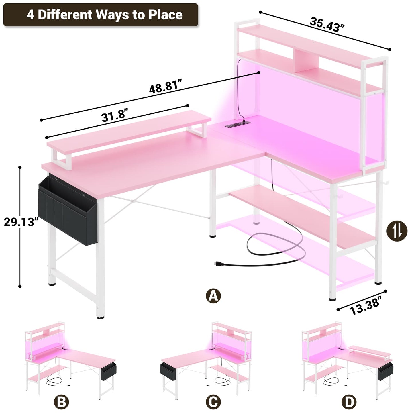 49'' L Shaped Gaming Desk with Power Outlets & LED Lights