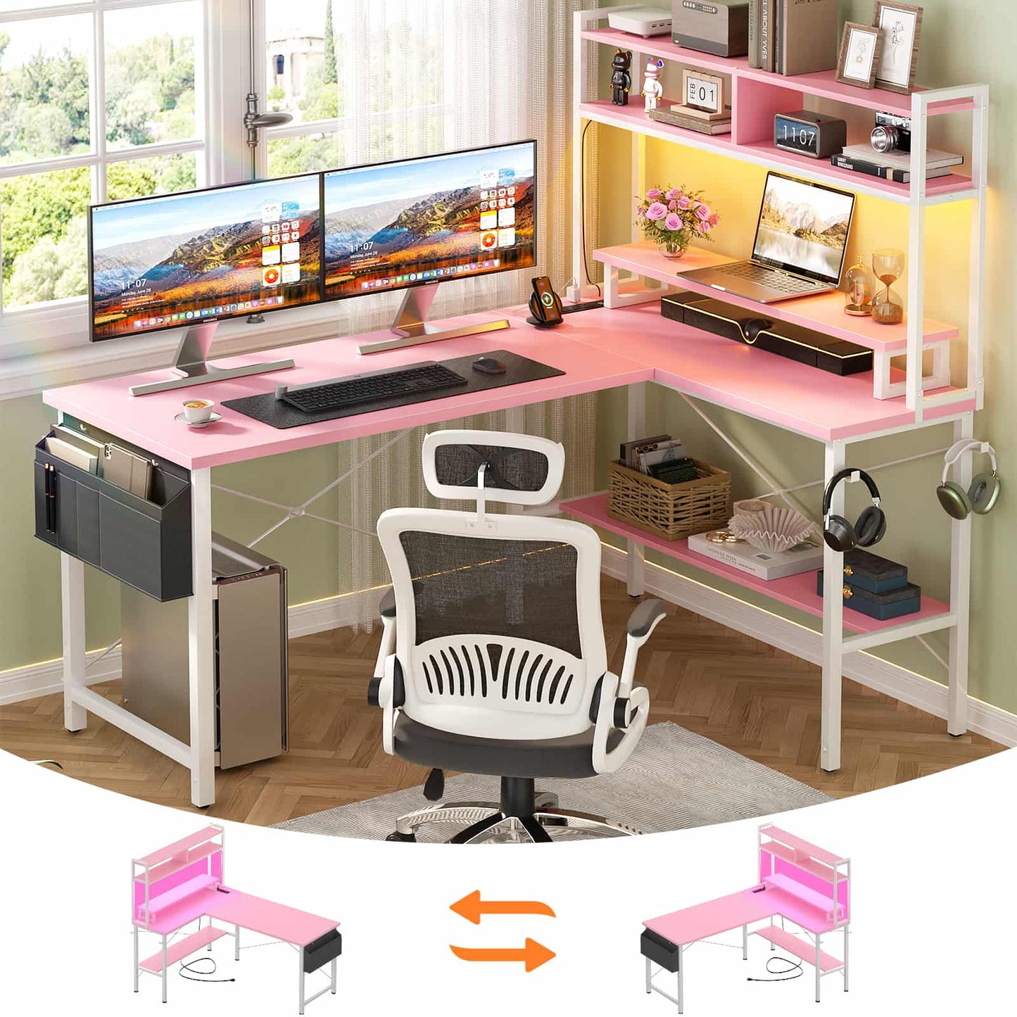 49'' L Shaped Gaming Desk with Power Outlets & LED Lights