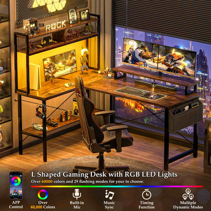 49'' L Shaped Gaming Desk with Power Outlets & LED Lights