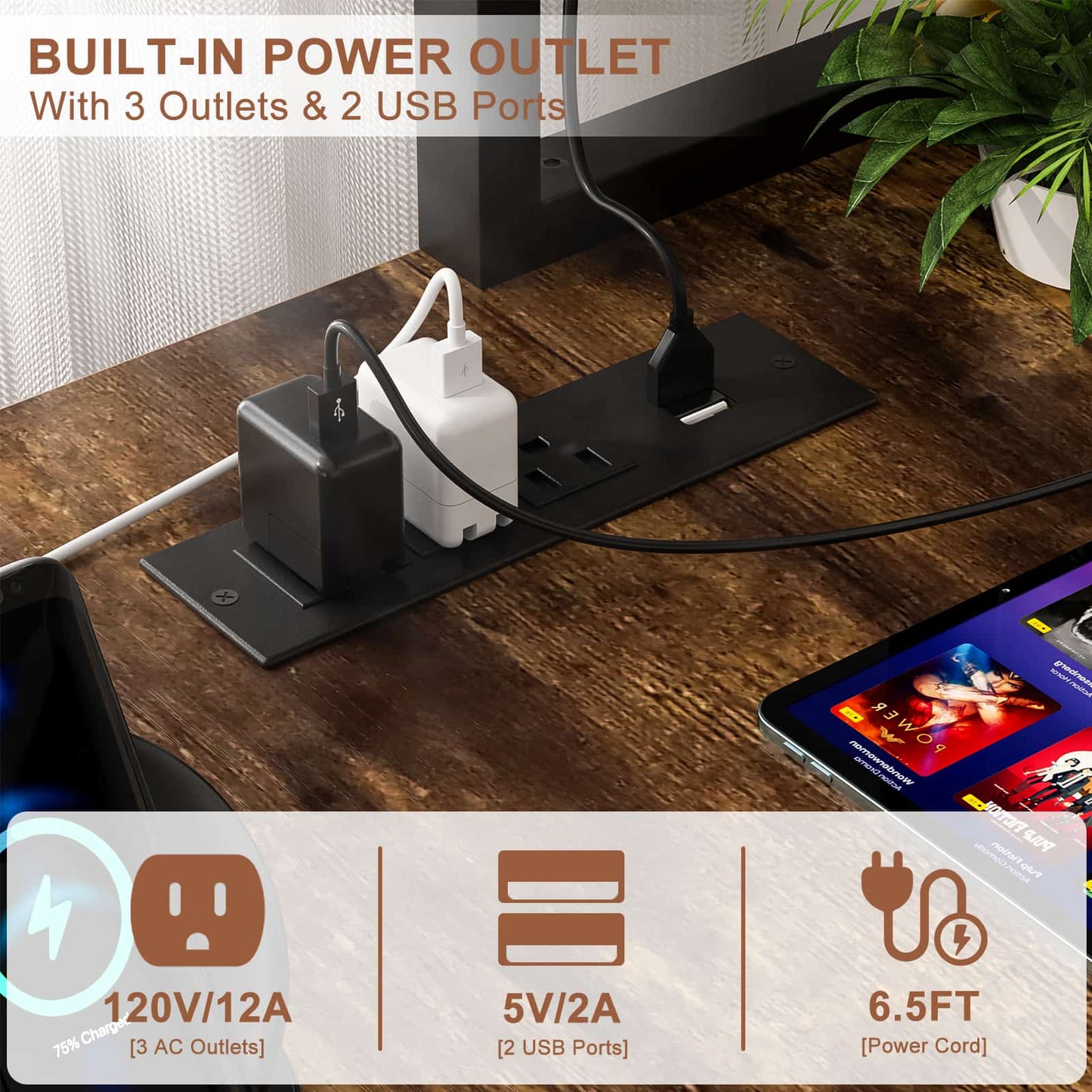 49'' L Shaped Gaming Desk with Power Outlets & LED Lights