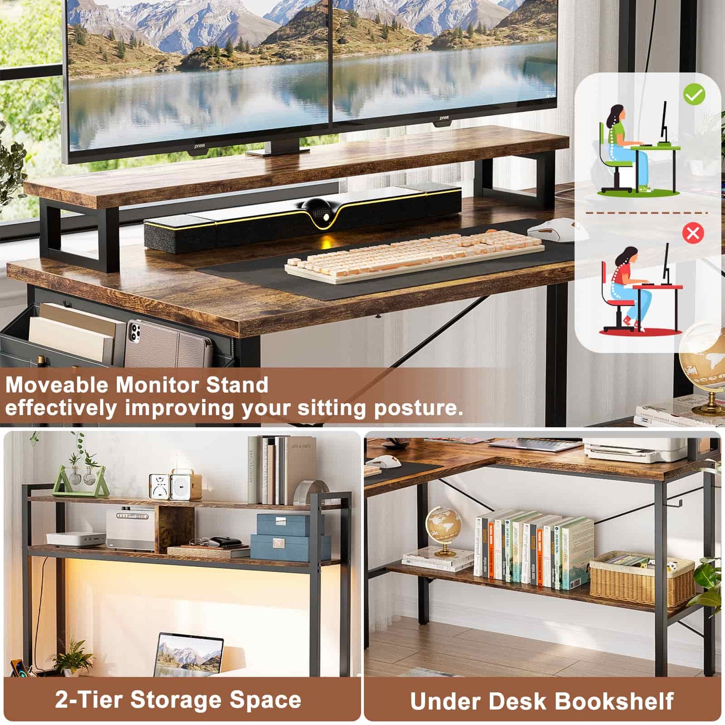49'' L Shaped Gaming Desk with Power Outlets & LED Lights