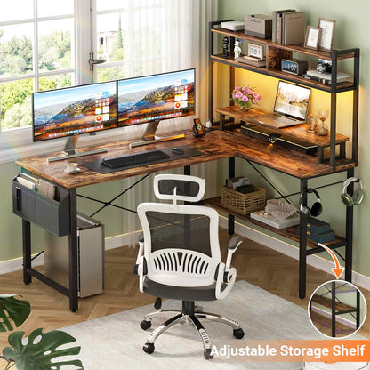 49'' L Shaped Gaming Desk with Power Outlets & LED Lights