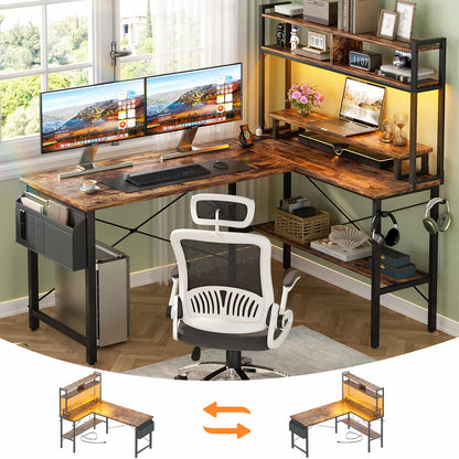 49'' L Shaped Gaming Desk with Power Outlets & LED Lights