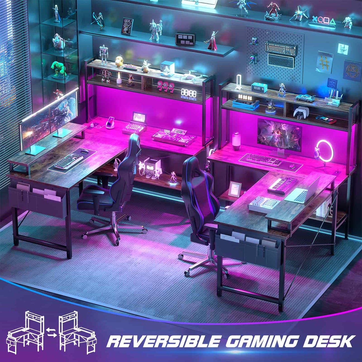 49'' L Shaped Gaming Desk with Power Outlets & LED Lights
