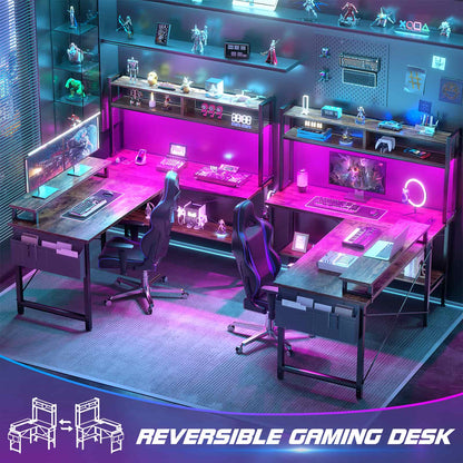 49'' L Shaped Gaming Desk with Power Outlets & LED Lights