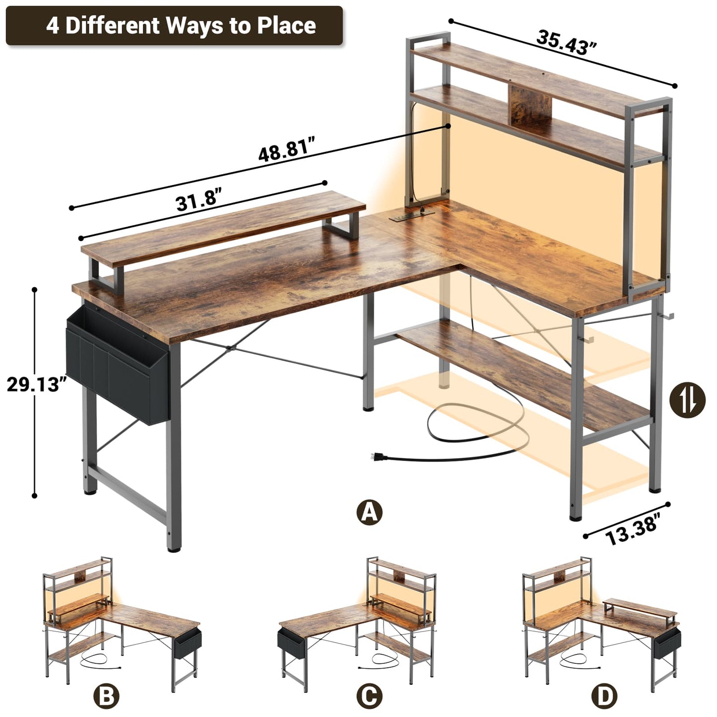 49'' L Shaped Gaming Desk with Power Outlets & LED Lights
