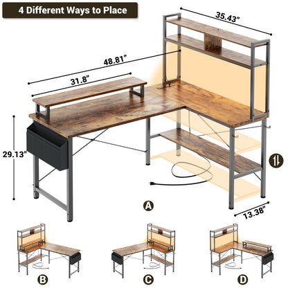 49'' L Shaped Gaming Desk with Power Outlets & LED Lights