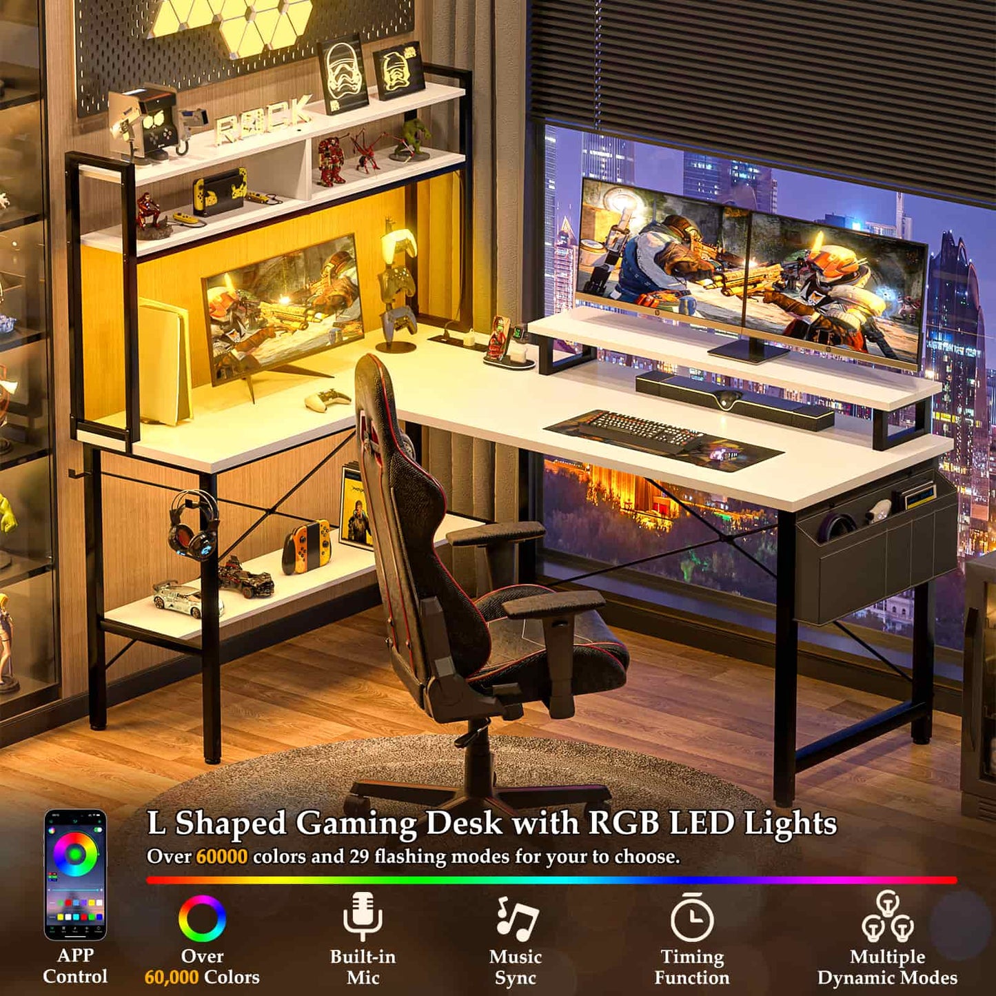 49'' L Shaped Gaming Desk with Power Outlets & LED Lights