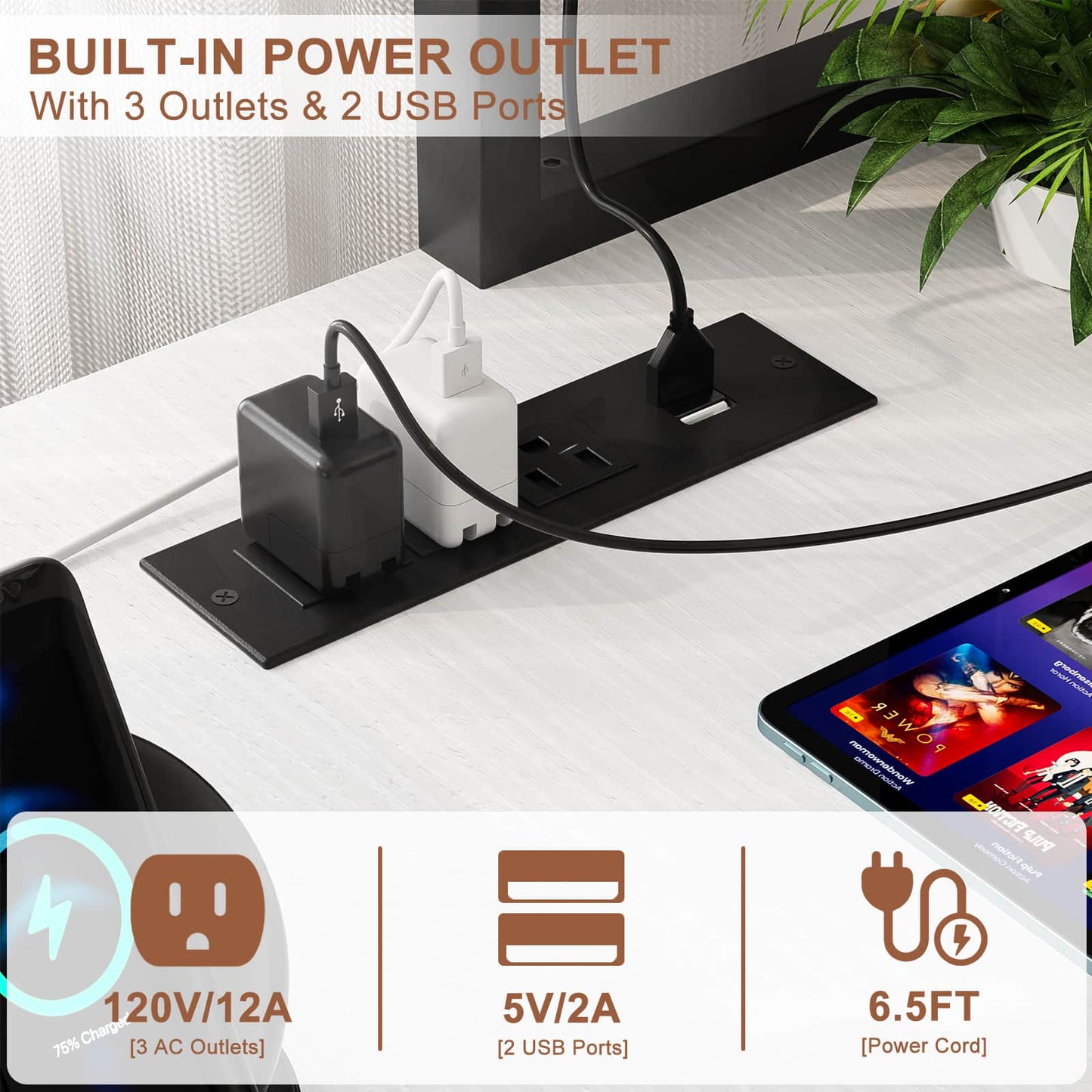 49'' L Shaped Gaming Desk with Power Outlets & LED Lights