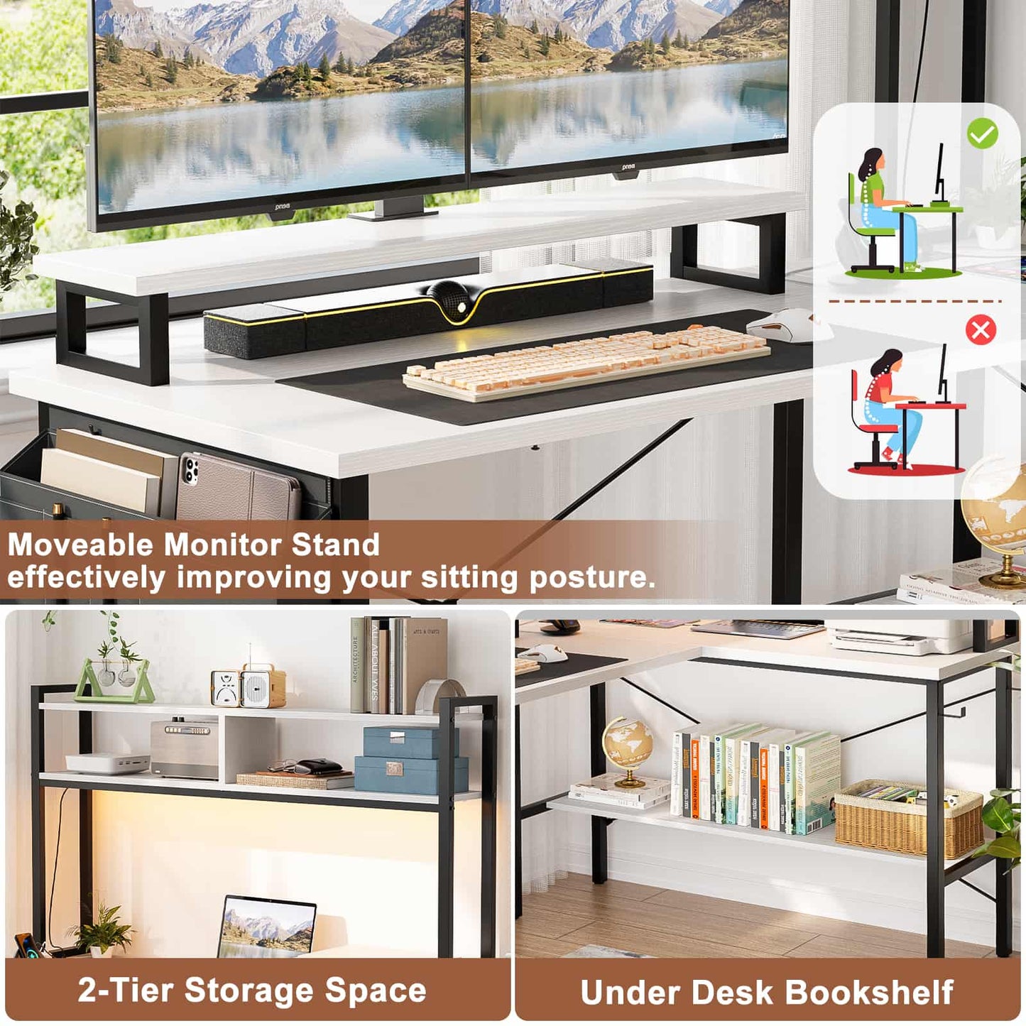 49'' L Shaped Gaming Desk with Power Outlets & LED Lights