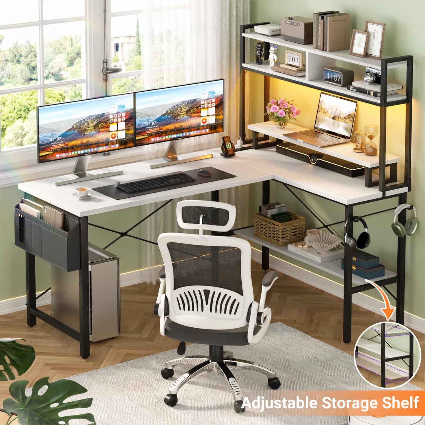 49'' L Shaped Gaming Desk with Power Outlets & LED Lights