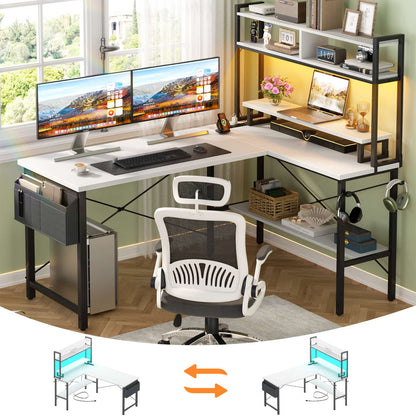 49'' L Shaped Gaming Desk with Power Outlets & LED Lights
