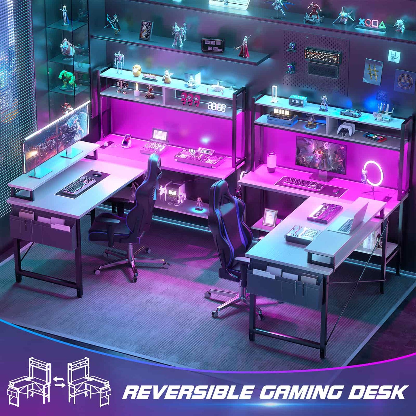 49'' L Shaped Gaming Desk with Power Outlets & LED Lights