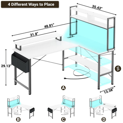 49'' L Shaped Gaming Desk with Power Outlets & LED Lights