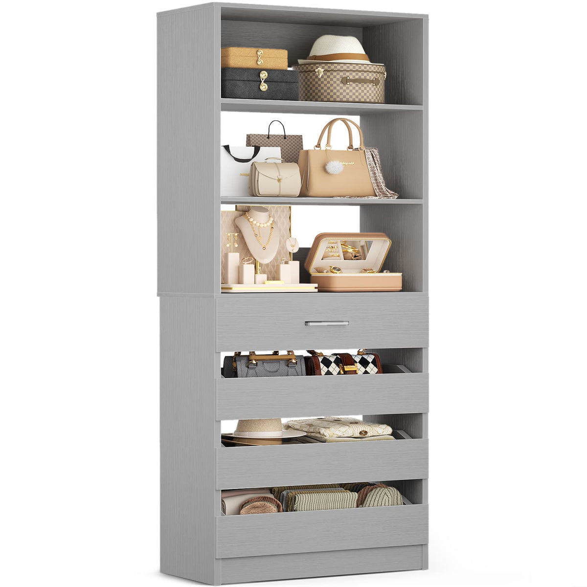 Space-Saving Modular Closet Organizer System with 4 Drawers & Adjustable Shelves - Wood Storage Cabinet