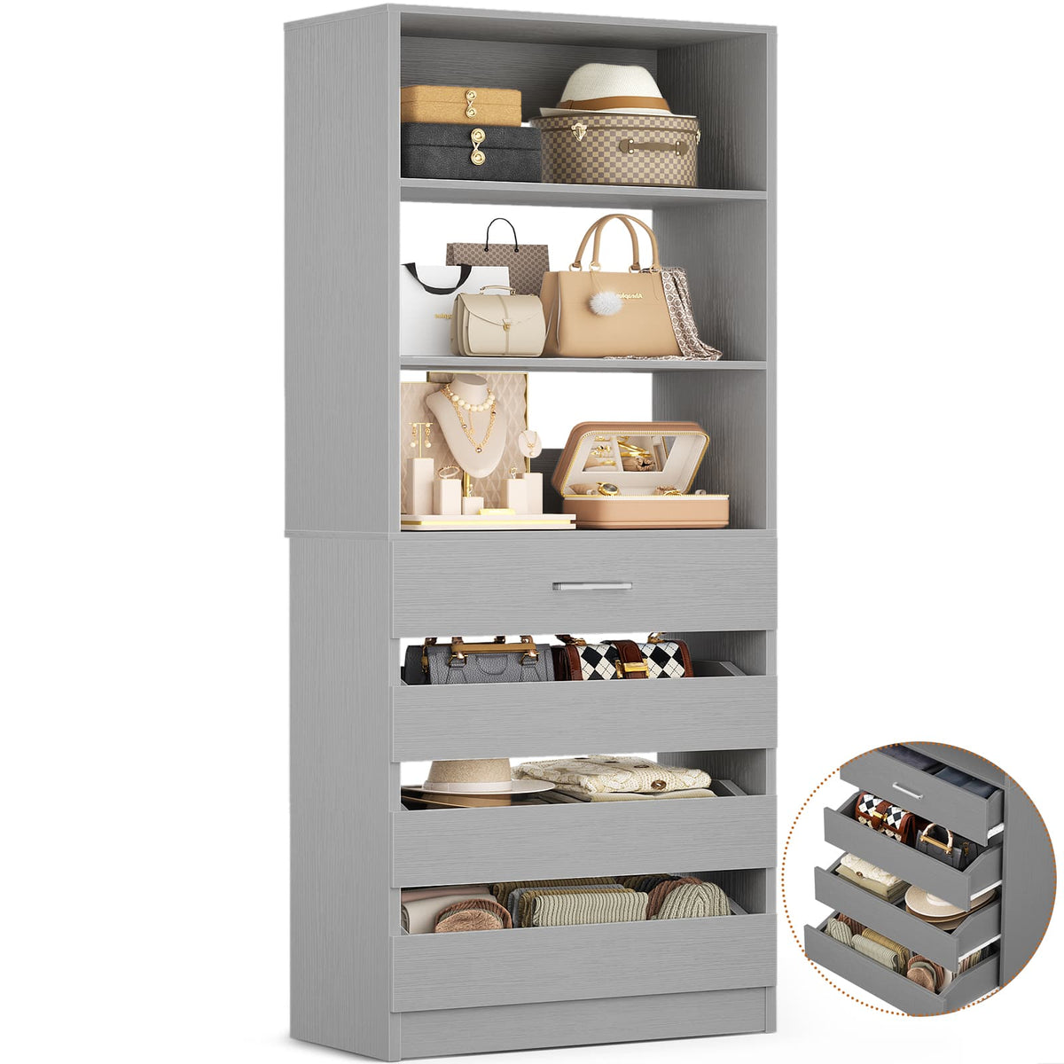 Space-Saving Modular Closet Organizer System with 4 Drawers & Adjustable Shelves - Wood Storage Cabinet