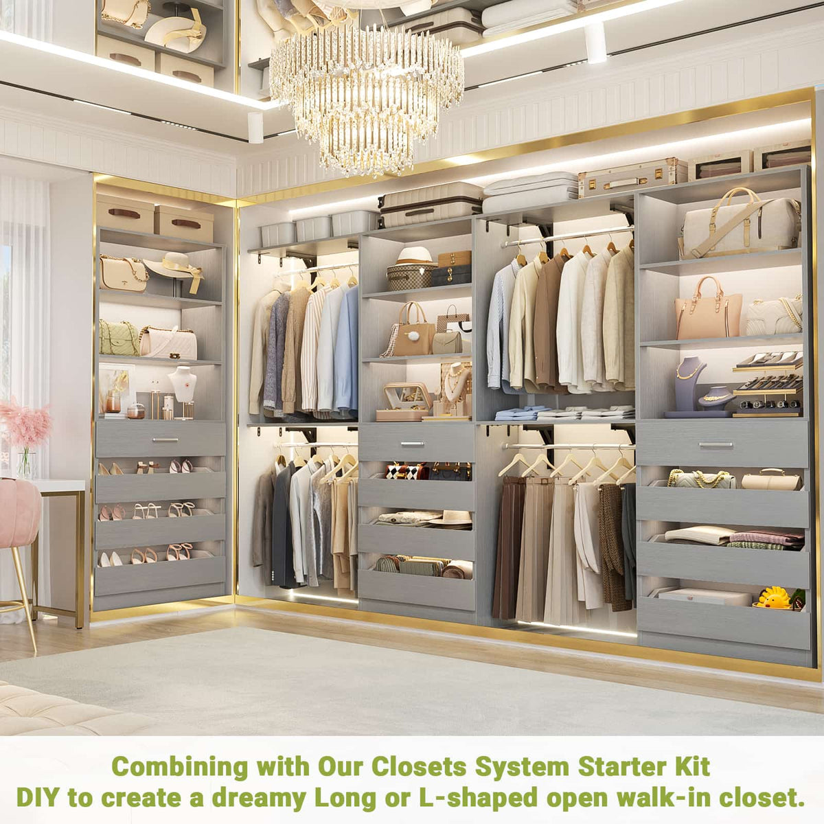 Space-Saving Modular Closet Organizer System with 4 Drawers & Adjustable Shelves - Wood Storage Cabinet