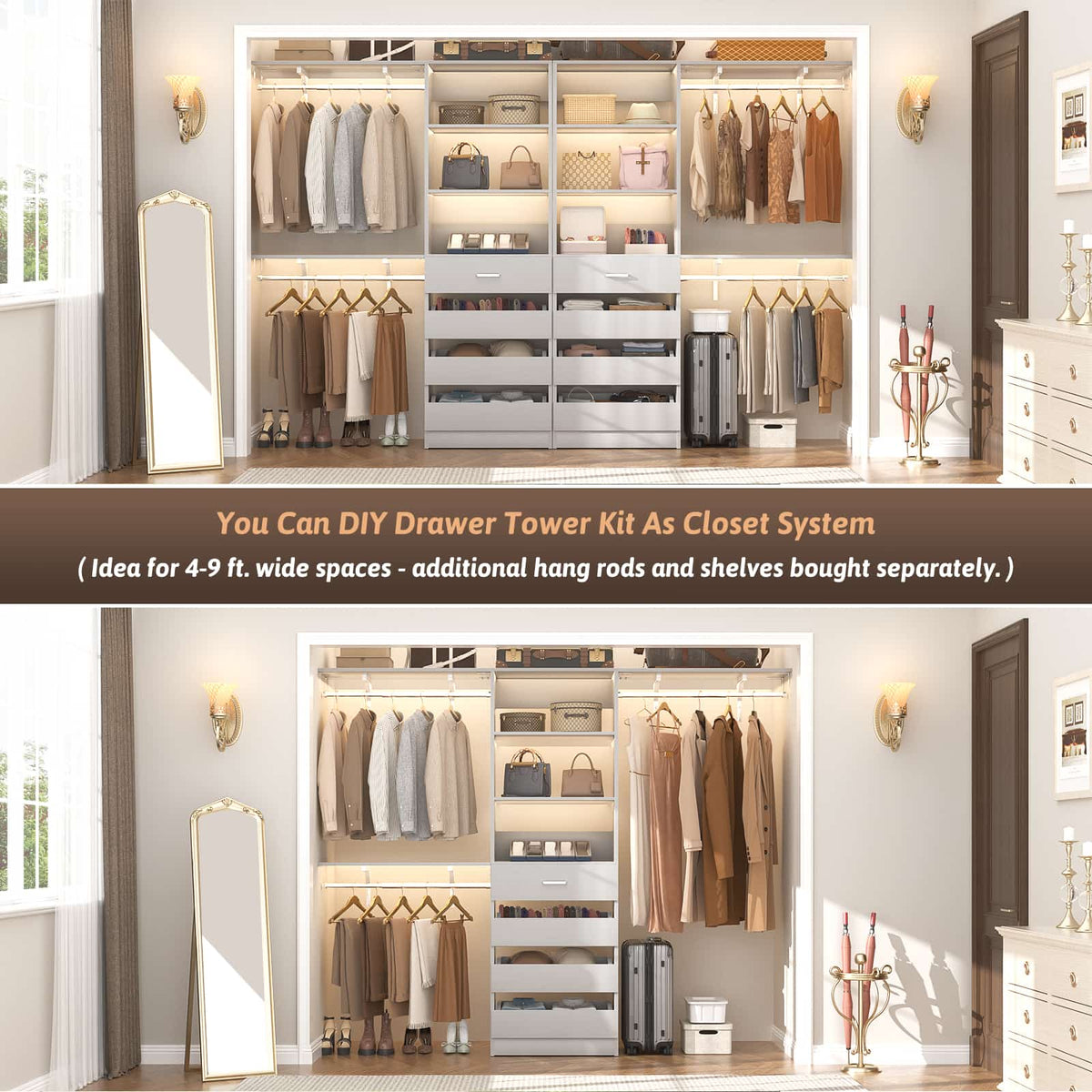 Space-Saving Modular Closet Organizer System with 4 Drawers & Adjustable Shelves - Wood Storage Cabinet