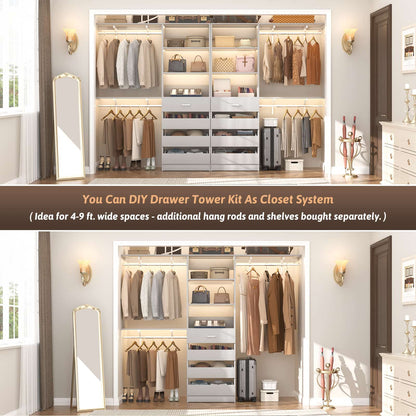 Space-Saving Modular Closet Organizer System with 4 Drawers & Adjustable Shelves - Wood Storage Cabinet