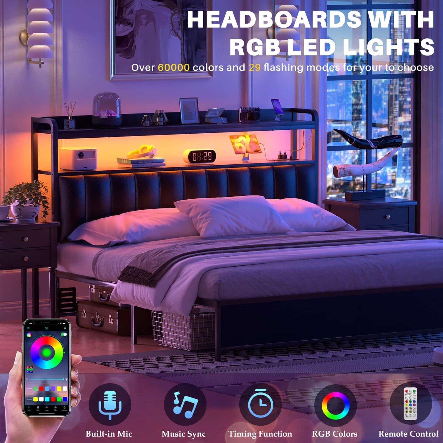 Upholstered Headboards with Outlets, USB Ports and LED Light