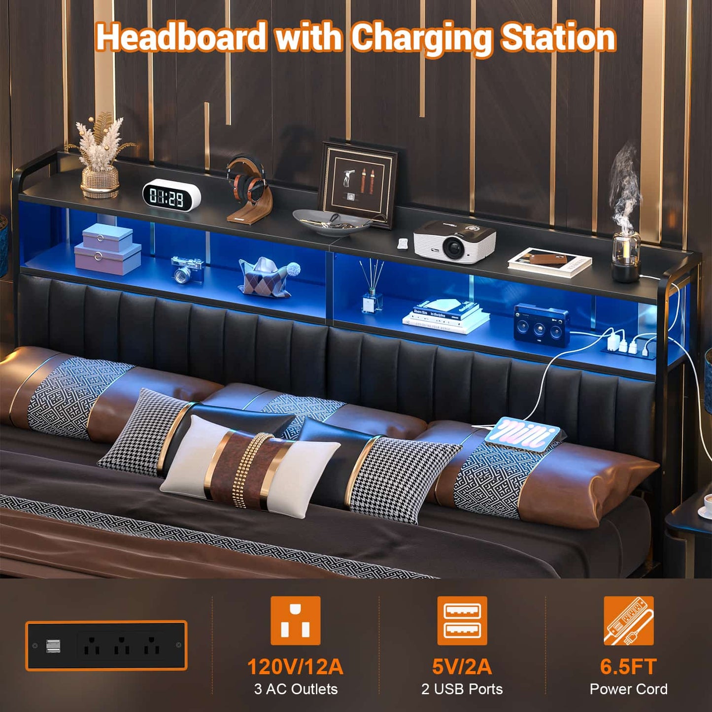 Upholstered Headboards with Outlets, USB Ports and LED Light