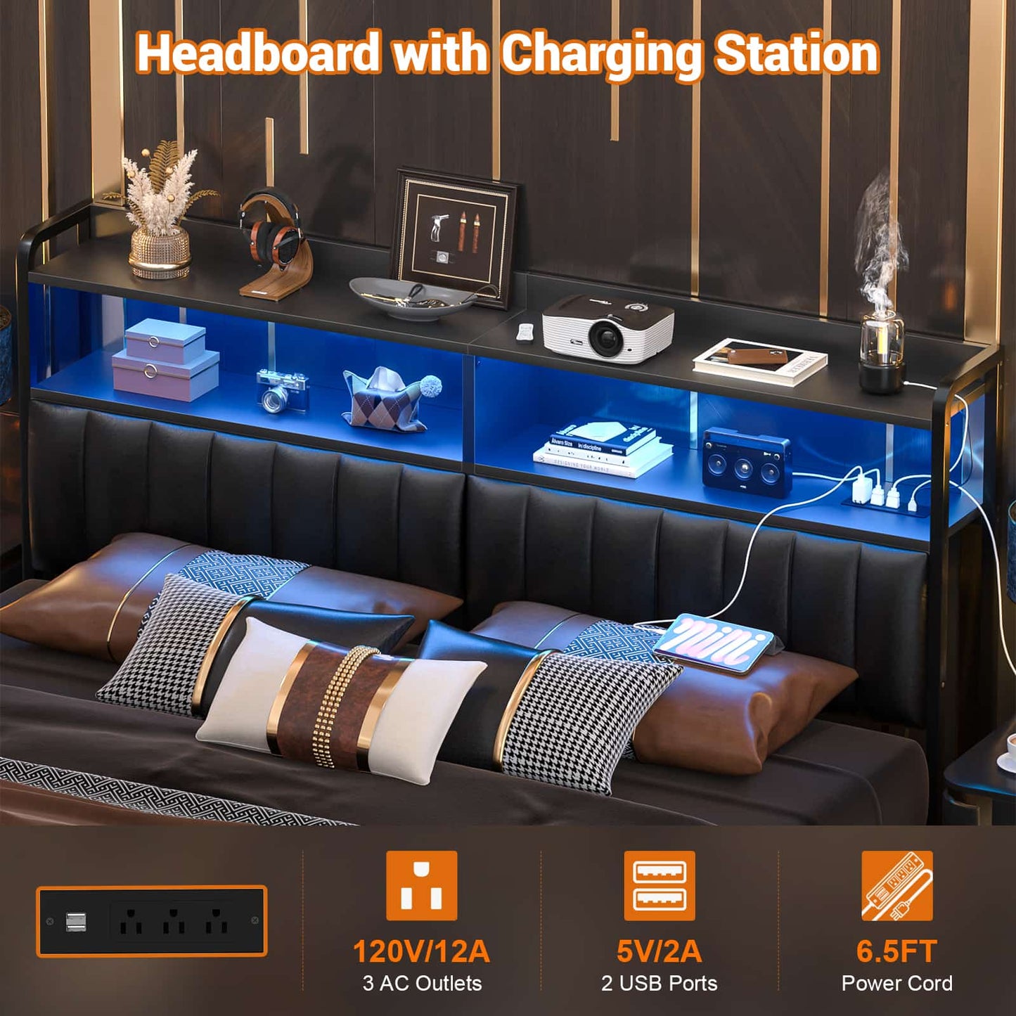 Upholstered Headboards with Outlets, USB Ports and LED Light