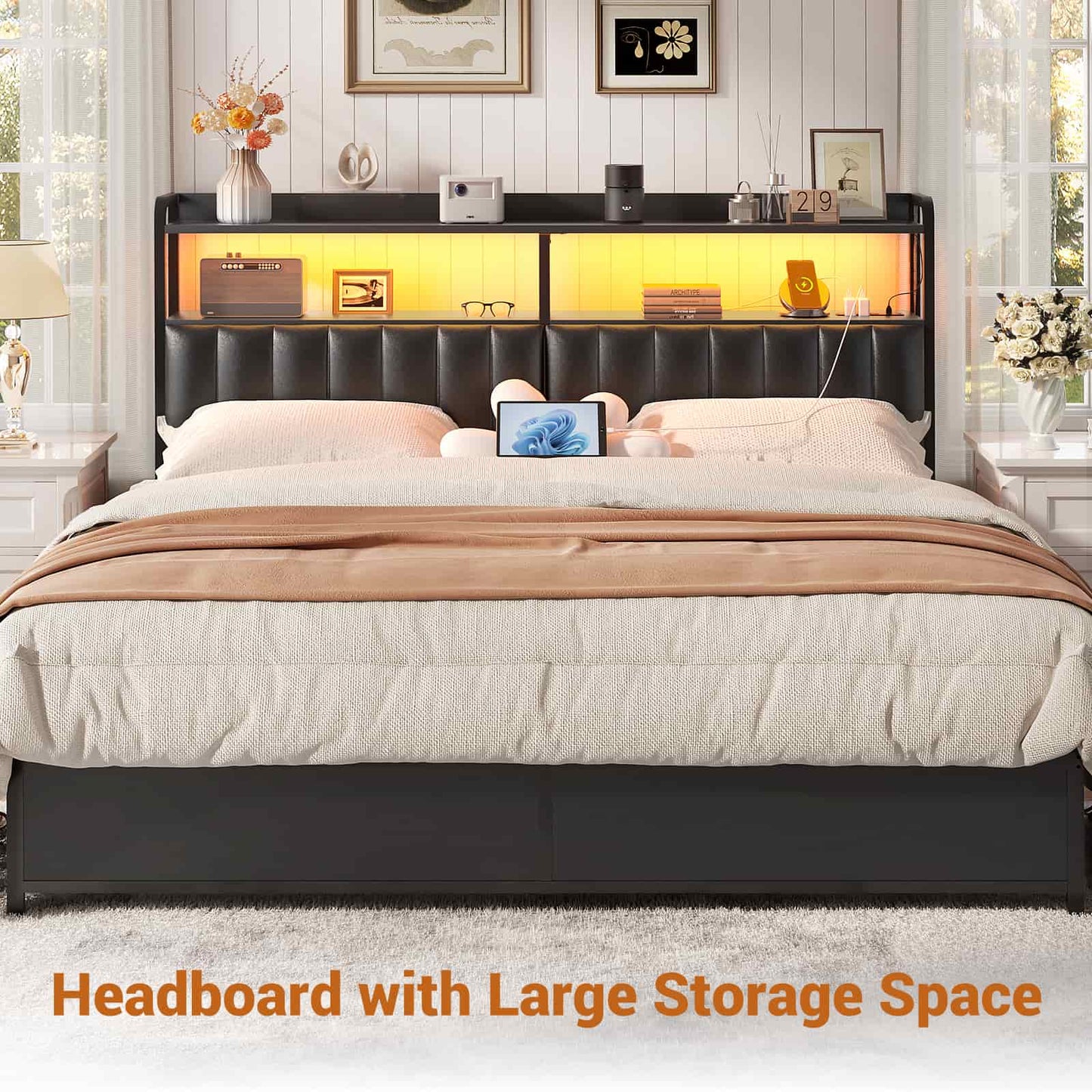 Upholstered Headboards with Outlets, USB Ports and LED Light