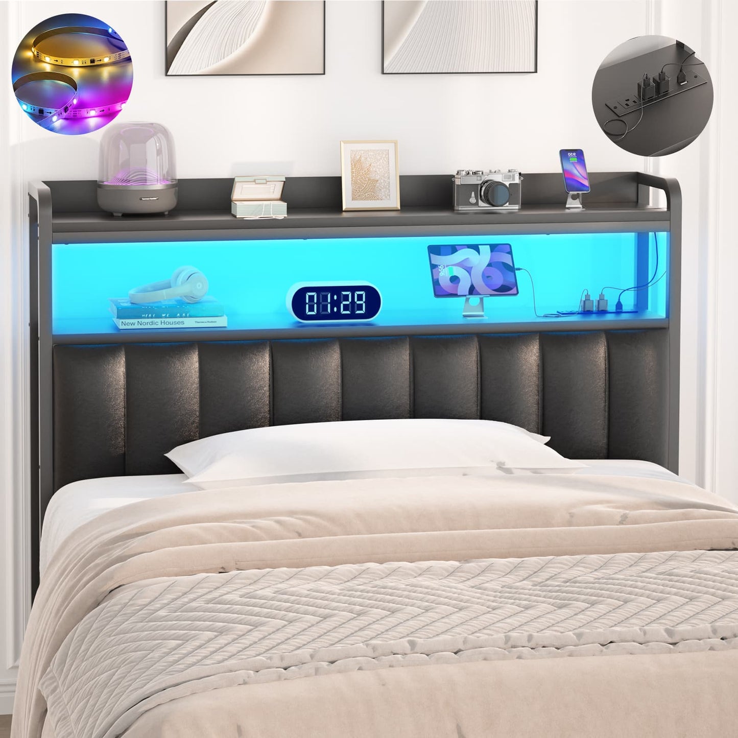 Upholstered Headboards with Outlets, USB Ports and LED Light
