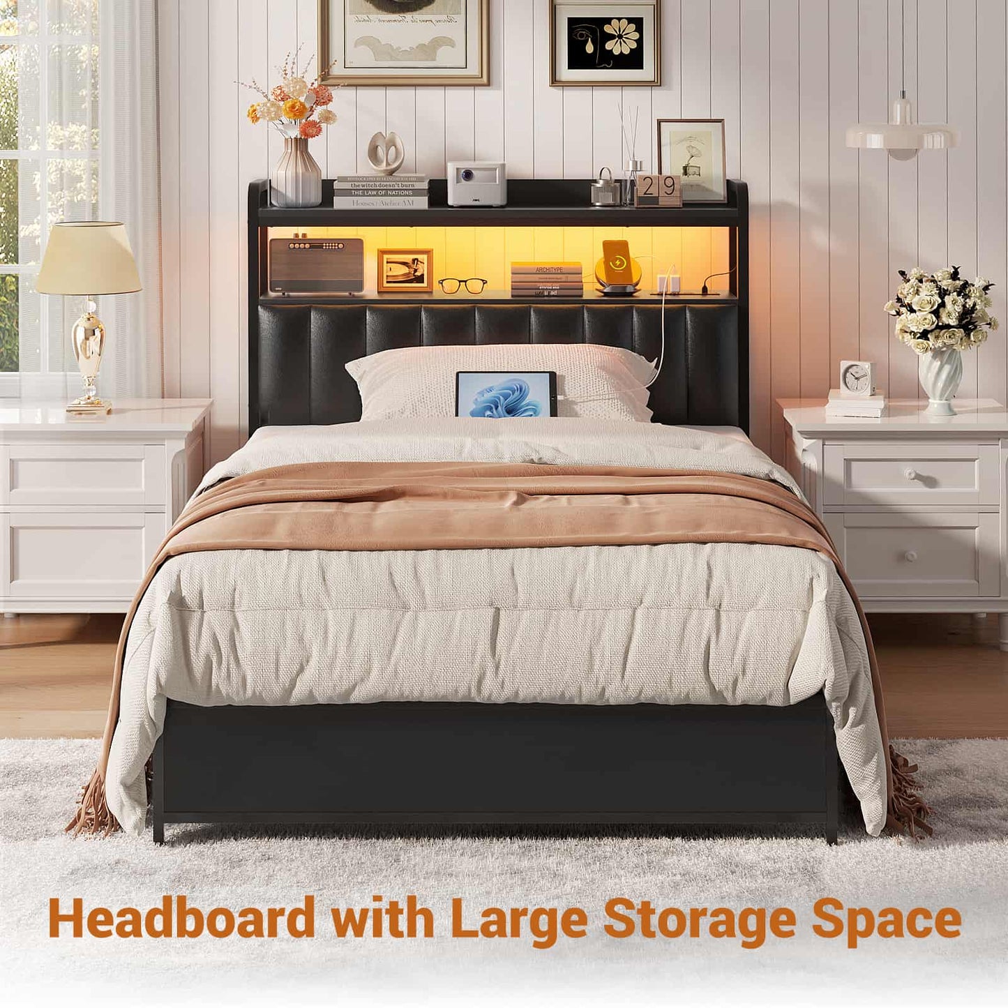 Upholstered Headboards with Outlets, USB Ports and LED Light
